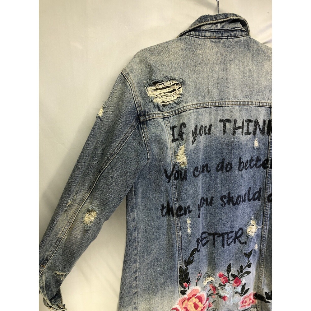 Mustard Seed distress Embroidered Denim Jean Jacket w Facts Saying Sz Medium - Picture 8 of 10